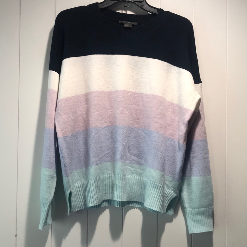 Like new French Connection stripe super soft stretchy sweater pastels Crewneck L